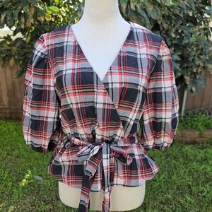 H&M Plaid Wrap Top with Puff Sleeves Size 8